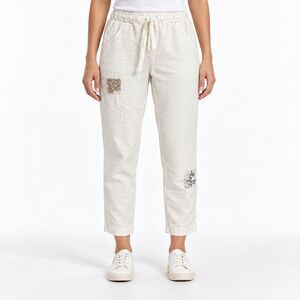 Made in Italy White Sequin Patch Drawstring Pants Cropped Cuffed